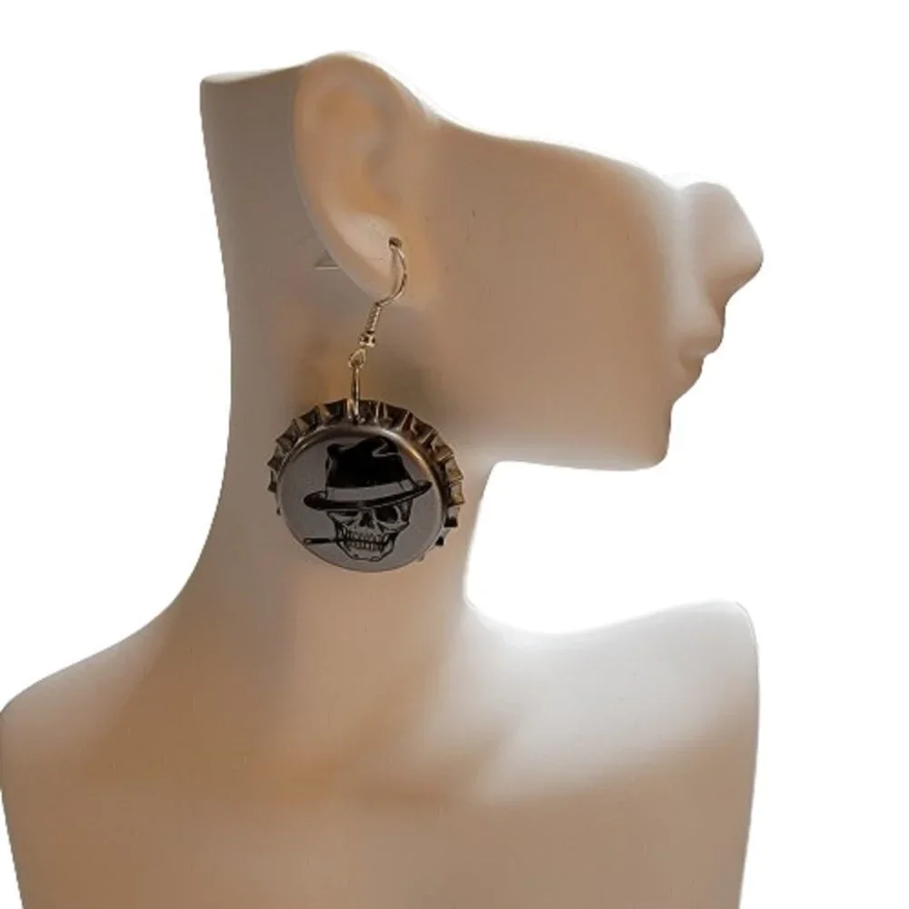 ❤️ DAP Bottle Cap Skull Punk Gothic Pierced Earrings ❤️ - Picture 4 of 8